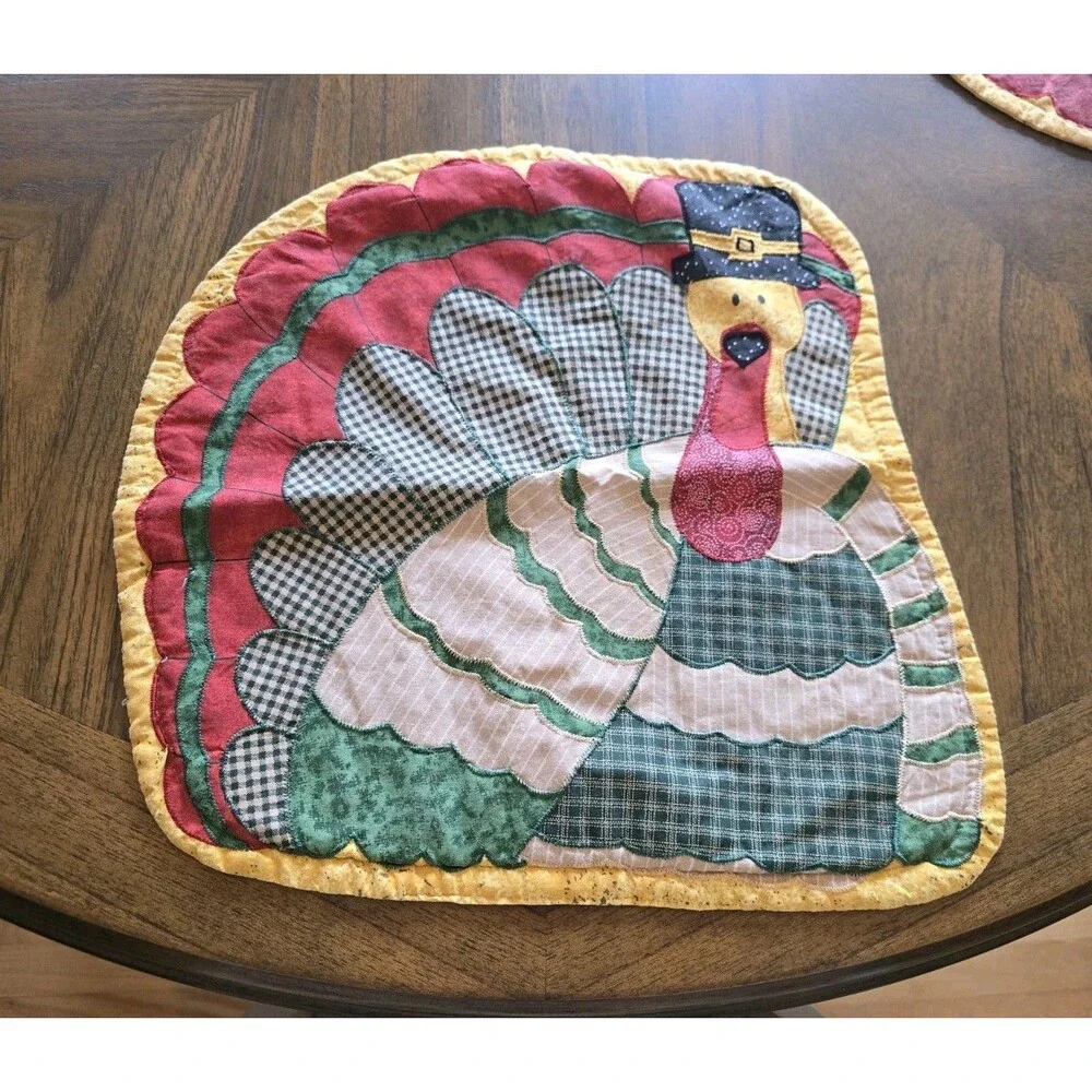 Vintage Thanksgiving Turkey Quilted Placemats Set of 2 Primitive Country Fall